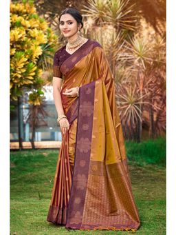 Fashion Petals - Women Brown Soft Silk Woven Work Traditional Saree with Unstitched Blouse