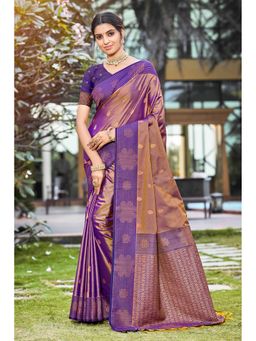 Fashion Petals - Women Copper Soft Silk Woven Work Traditional Saree with Unstitched Blouse
