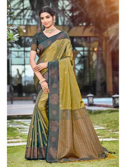 Fashion Petals - Women Olive Soft Silk Woven Saree with Unstitched Blouse