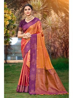 Fashion Petals - Women Peach Soft Silk Woven Work Traditional Saree with Unstitched Blouse