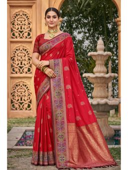 Fashion Petals - Classic Red Soft Silk Woven Work Traditional Saree with Unstitched Blouse