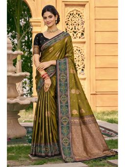 Fashion Petals - Mehendi Olive Soft Silk Woven Work Traditional Saree with Unstitched Blouse