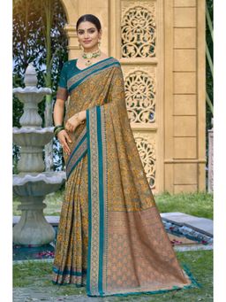 Fashion Petals - Women Yellow Soft Silk Woven Work Traditional Saree with Unstitched Blouse