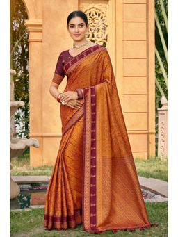 Fashion Petals - Women Rust Soft Silk Woven Saree with Unstitched Blouse