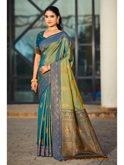 Fashion Petals - Women Sea Green Soft Silk Woven Work Traditional Saree with Unstitched Blouse