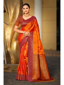 Fashion Petals - Bright Orange Soft Silk Woven Work Traditional Saree with Unstitched Blouse