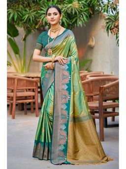 Fashion Petals - Women Parrot Green Soft Silk Woven Work Traditional Saree with Unstitched Blouse