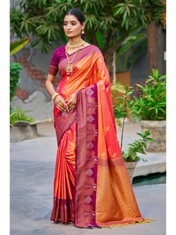 Fashion Petals - Coral Soft Silk Woven Work Traditional Saree with Unstitched Blouse