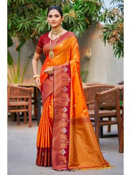 Fashion Petals - Saffron Orange Soft Silk Woven Work Traditional Saree with Unstitched Blouse