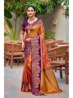 Fashion Petals - Women Copper Soft Silk Woven Work Traditional Saree with Unstitched Blouse