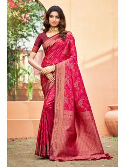 Fashion Petals - Women Rani Pink Soft Silk Woven Work Traditional Saree with Unstitched Blouse