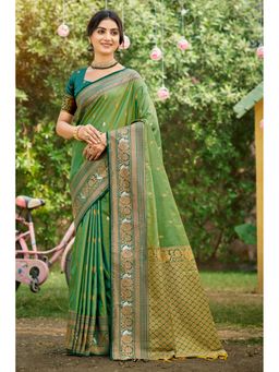 Fashion Petals - Women Green Soft Silk Woven Work Traditional Saree with Unstitched Blouse