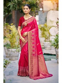 Fashion Petals - Women Rani Pink Soft Silk Woven Work Traditional Saree with Unstitched Blouse