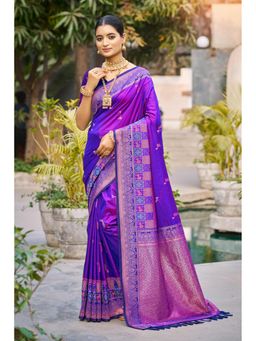 Fashion Petals - Women Purple Soft Silk Woven Work Traditional Saree with Unstitched Blouse