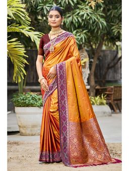Fashion Petals - Women Rust Soft Silk Woven Work Traditional Saree with Unstitched Blouse