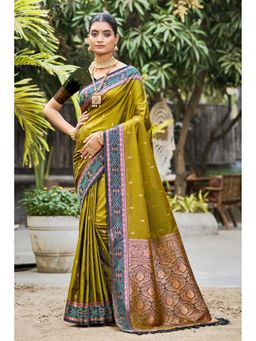 Fashion Petals - Women Olive Soft Silk Woven Saree with Unstitched Blouse