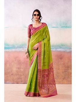 BFM - Green Tissue Traditional Printed Saree with Unstitched Blouse