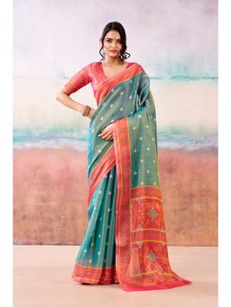 BFM - Teal Tissue Traditional Printed Saree with Unstitched Blouse