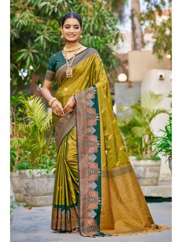 Sangam Prints - Olive Soft Silk Woven Work Traditional Saree with Unstitched Blouse