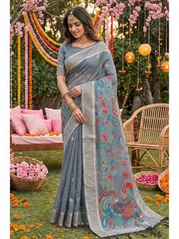Mysilklove - Women Grey Cotton Linen Woven Saree with Unstitched Blouse