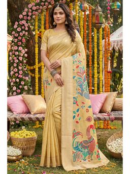 Mysilklove - Women Yellow Cotton Linen Woven Saree with Unstitched Blouse