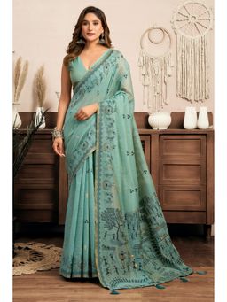 Mysilklove - Powder Green Woven Modal Cotton Saree with Unstitched Blouse