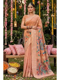 Mysilklove - Women Peach Cotton Linen Woven Saree with Unstitched Blouse