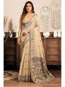 Mysilklove - Crystal Cream Woven Modal Cotton Saree with Unstitched Blouse