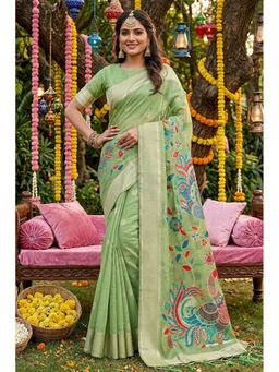 Mysilklove - Women Green Cotton Linen Woven Saree with Unstitched Blouse