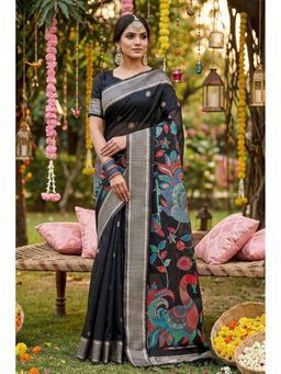 Mysilklove - Women Black Cotton Linen Woven Saree with Unstitched Blouse