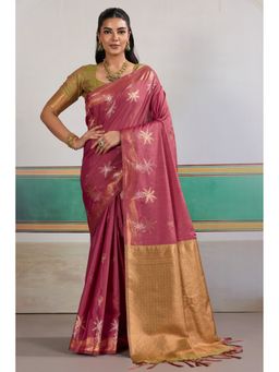 Mysilklove - French Rose Pink Banarasi Handloom Tusshar Saree with Unstitched Blouse