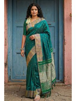 Mysilklove - Women Green Banarasi Woven Saree with Unstitched Blouse