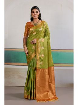 Mysilklove - Kelly Green Banarasi Handloom Tusshar Saree with Unstitched Blouse