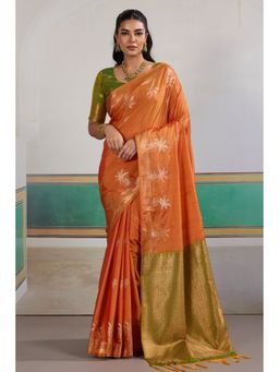 Mysilklove - Flame Orange Banarasi Handloom Tusshar Saree with Unstitched Blouse