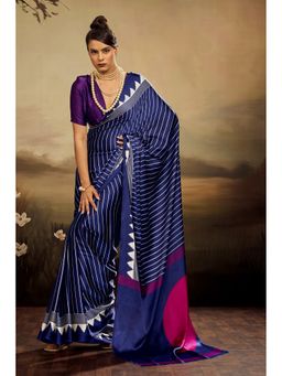 Mysilklove - Women Blue Satin Stripes Saree with Unstitched Blouse