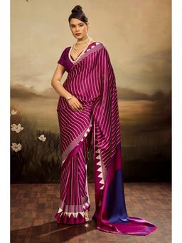 Mysilklove - Women Purple Satin Stripes Saree with Unstitched Blouse