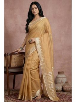 Mysilklove - Apricot Gold Woven Banarasi Soft Silk Saree with Unstitched Blouse