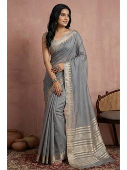 Mysilklove - Cadet Grey Woven Banarasi Soft Silk Saree with Unstitched Blouse