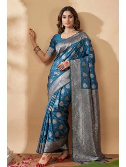 Mysilklove - Yonder Blue Woven Banarasi Silk Saree with Unstitched Blouse