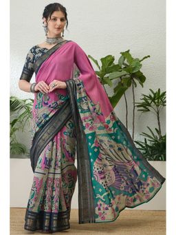 Mysilklove - Women Pink Cotton Abstract Saree with Unstitched Blouse