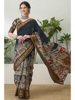Mysilklove - Women Black Cotton Abstract Saree with Unstitched Blouse
