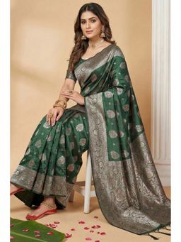Mysilklove - Jungle Green Banarasi Woven Silk Saree with Unstitched Blouse