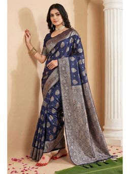Mysilklove - Navy Blue Banarasi Woven Silk Saree with Unstitched Blouse