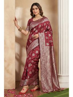 Mysilklove - Tan Maroon Banarasi Woven Silk Saree with Unstitched Blouse
