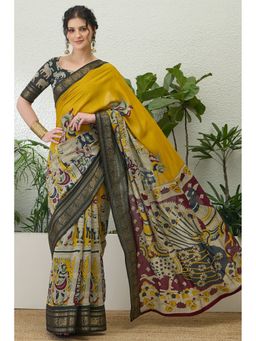 Mysilklove - Women Yellow Cotton Abstract Saree with Unstitched Blouse
