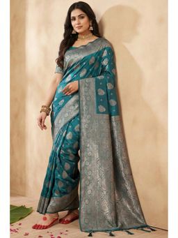 Mysilklove - Cell Blue Banarasi Woven Silk Saree with Unstitched Blouse