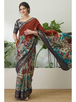 Mysilklove - Women Maroon Cotton Abstract Saree with Unstitched Blouse