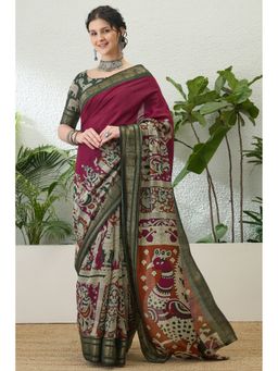 Mysilklove - Women Maroon Cotton Abstract Saree with Unstitched Blouse