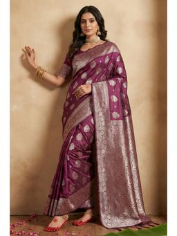 Mysilklove - Deep Purple Banarasi Woven Silk Saree with Unstitched Blouse