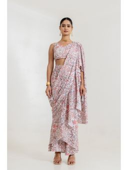 Pasha India - White Garden Tiered Saree with Stitched Blouse